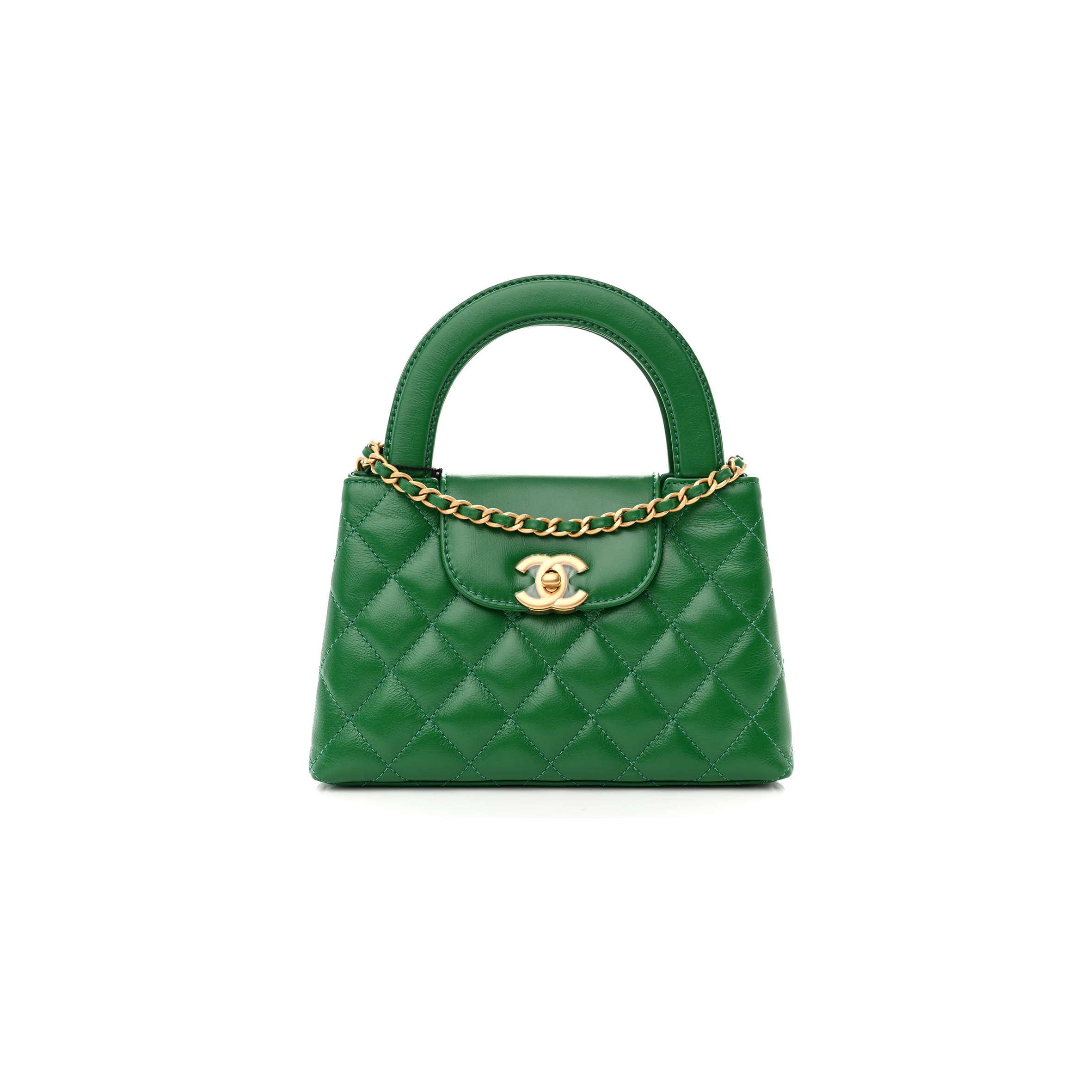 Ch*el shiny calfskin quilted nano kelly shopper green as4416 (19*13*7cm)